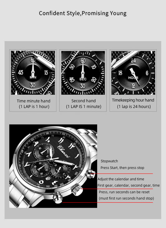 CHENXI Arabic Numeral Multifunction Men's Quartz Watch Real Three-Eye Six-Needle Calendar Chronograph Stainless Steel Male watch