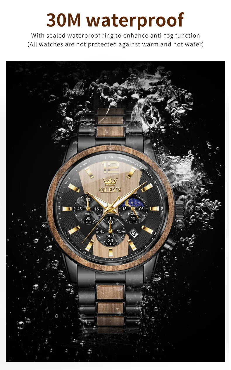 OLEVS Men's Watches Luxury Original Wooden Quartz Wristwatch Waterproof Luminous Date Watch for Man Reloj Hombre