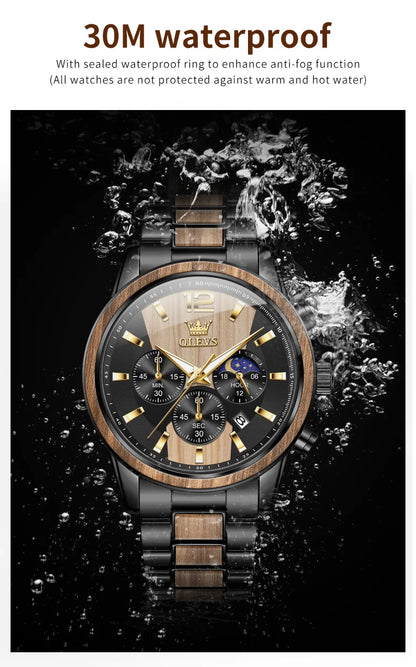 OLEVS Men's Watches Luxury Original Wooden Quartz Wristwatch Waterproof Luminous Date Watch for Man Reloj Hombre
