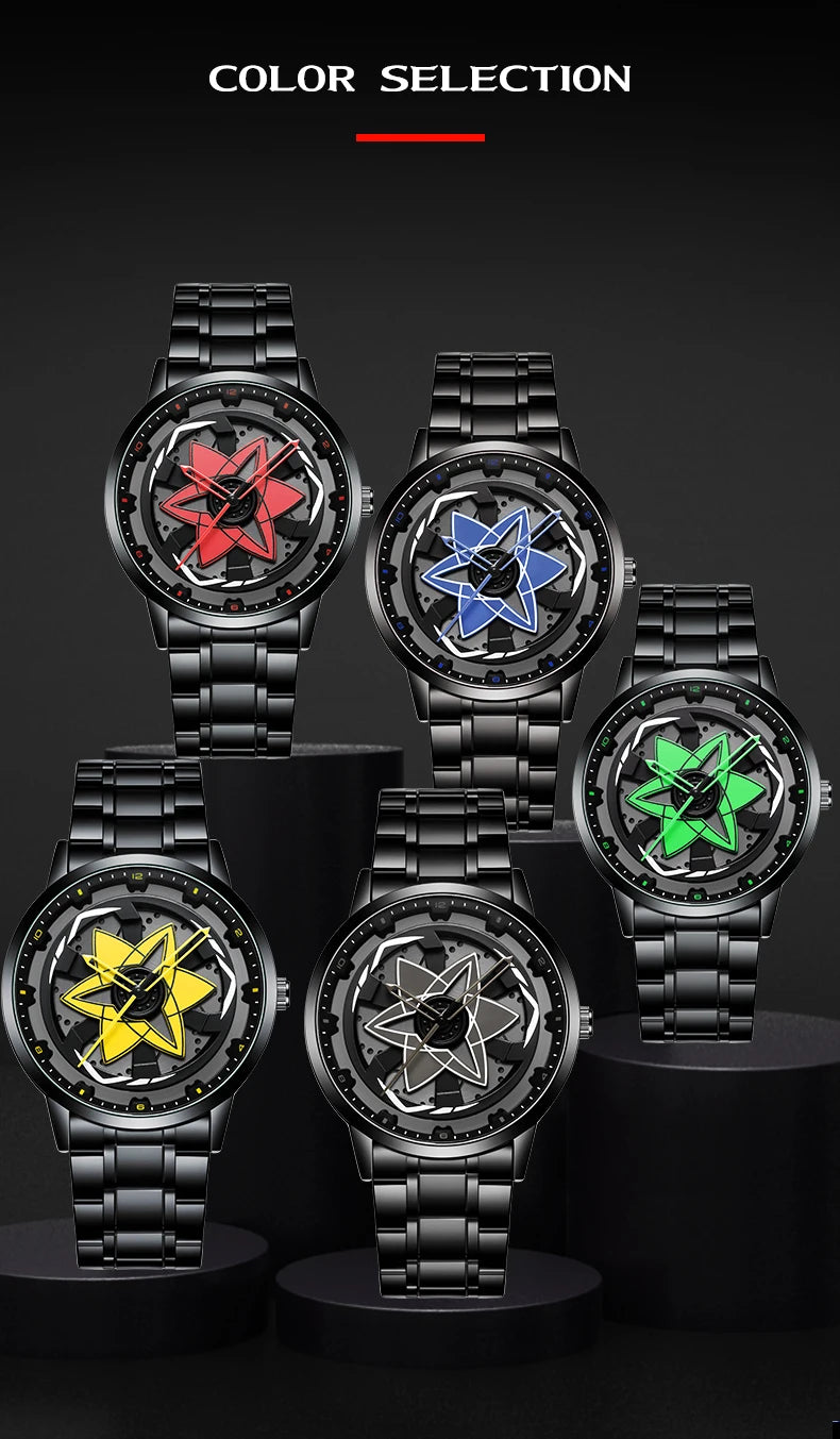 New Watch Car Series Creative Rotating Quartz Movement Sports Style Black Stainless Steel Clock Men Couple Gift Wrist Watch