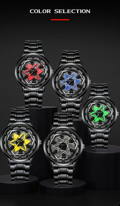 New Watch Car Series Creative Rotating Quartz Movement Sports Style Black Stainless Steel Clock Men Couple Gift Wrist Watch