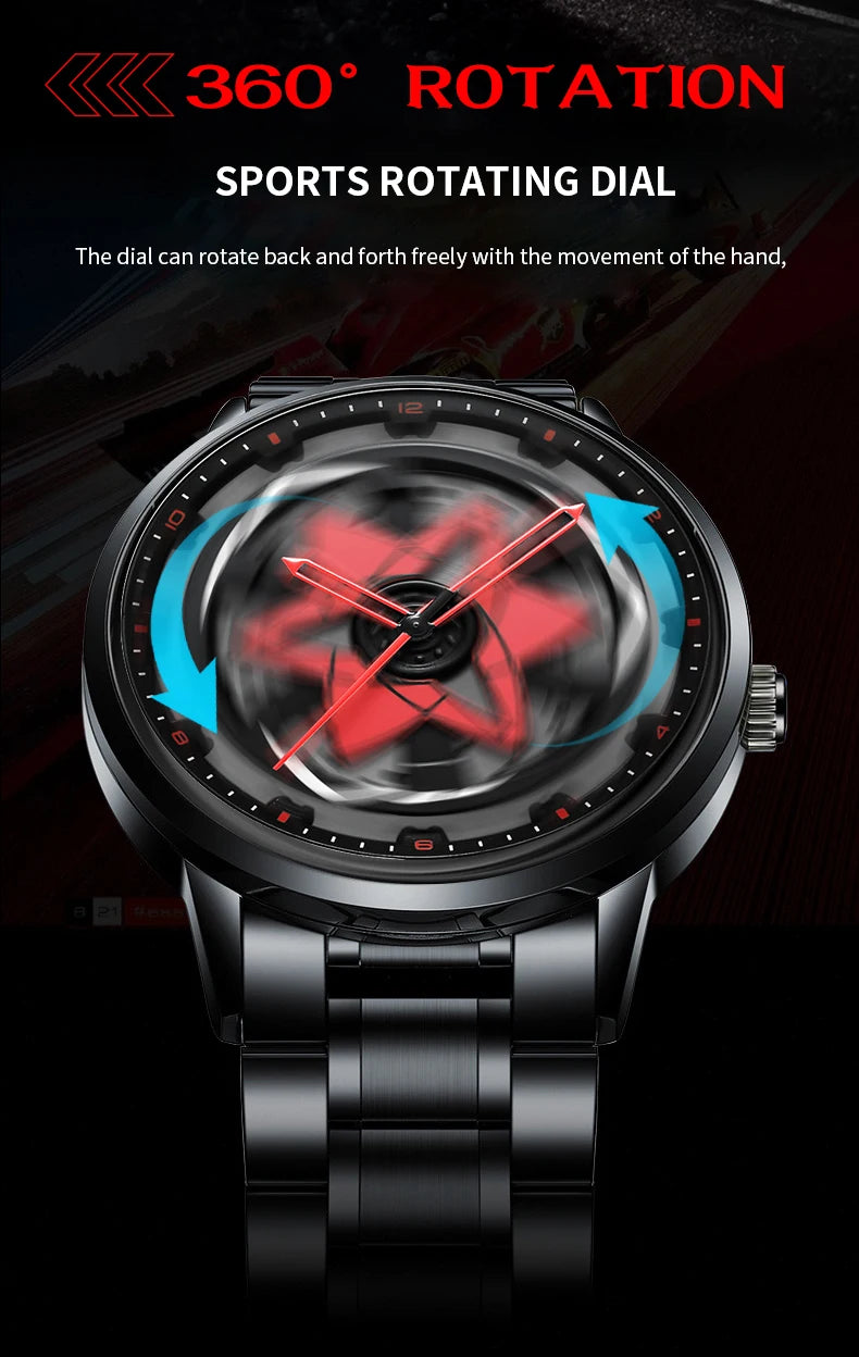 New Watch Car Series Creative Rotating Quartz Movement Sports Style Black Stainless Steel Clock Men Couple Gift Wrist Watch