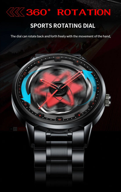 New Watch Car Series Creative Rotating Quartz Movement Sports Style Black Stainless Steel Clock Men Couple Gift Wrist Watch