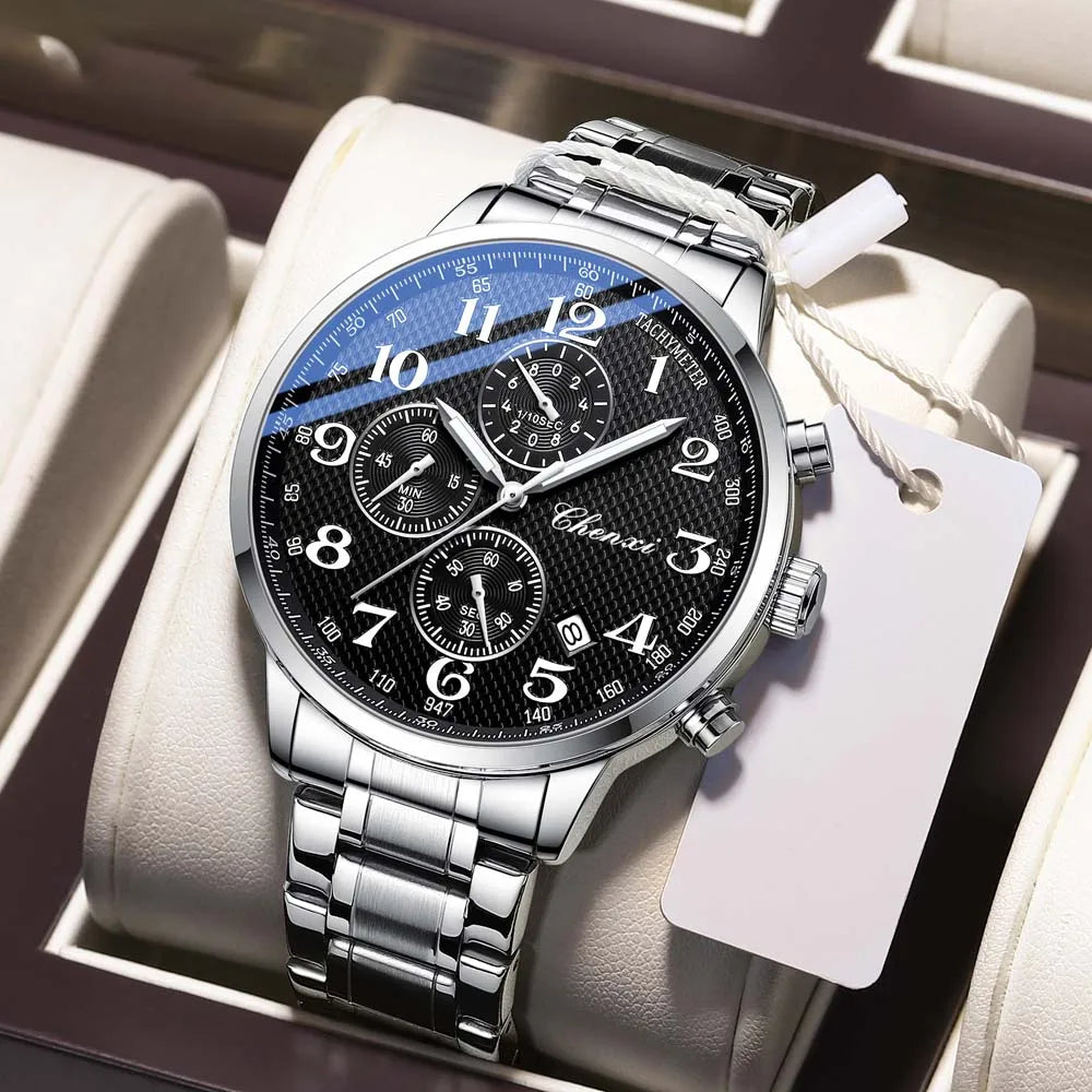 CHENXI Arabic Numeral Multifunction Men's Quartz Watch Real Three-Eye Six-Needle Calendar Chronograph Stainless Steel Male watch