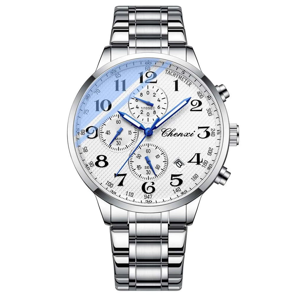 CHENXI Arabic Numeral Multifunction Men's Quartz Watch Real Three-Eye Six-Needle Calendar Chronograph Stainless Steel Male watch
