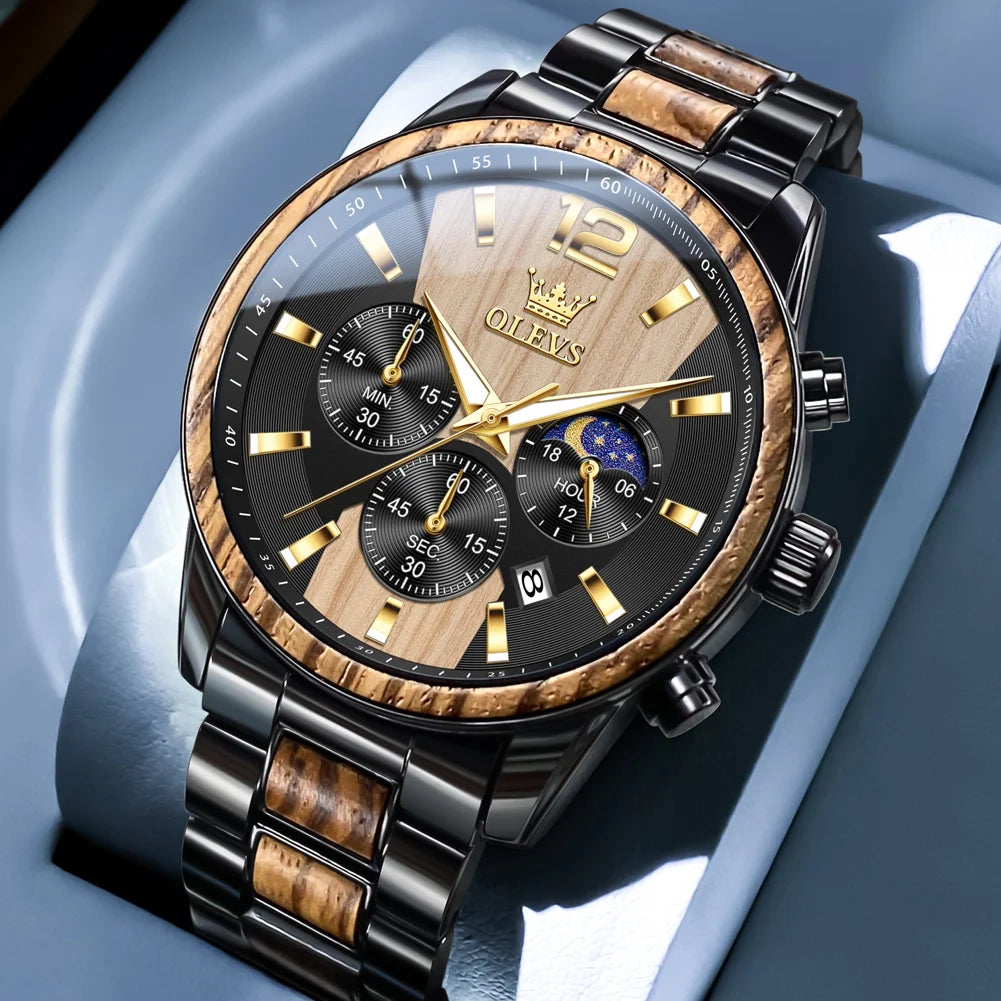 OLEVS Men's Watches Luxury Original Wooden Quartz Wristwatch Waterproof Luminous Date Watch for Man Reloj Hombre