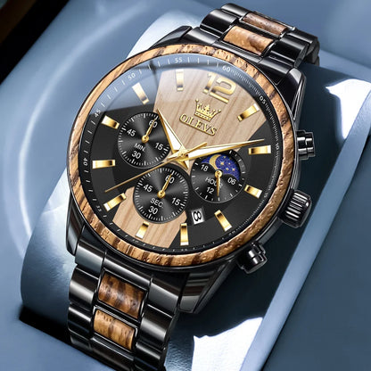 OLEVS Men's Watches Luxury Original Wooden Quartz Wristwatch Waterproof Luminous Date Watch for Man Reloj Hombre