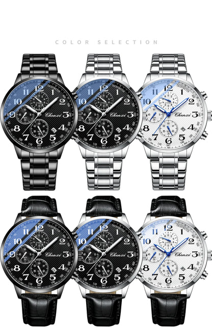CHENXI Arabic Numeral Multifunction Men's Quartz Watch Real Three-Eye Six-Needle Calendar Chronograph Stainless Steel Male watch