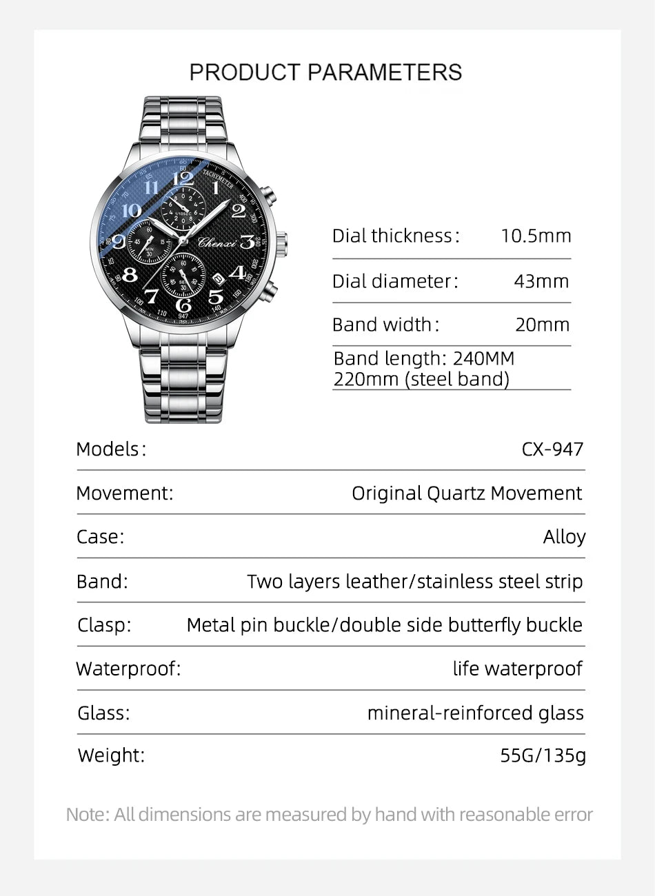 CHENXI Arabic Numeral Multifunction Men's Quartz Watch Real Three-Eye Six-Needle Calendar Chronograph Stainless Steel Male watch