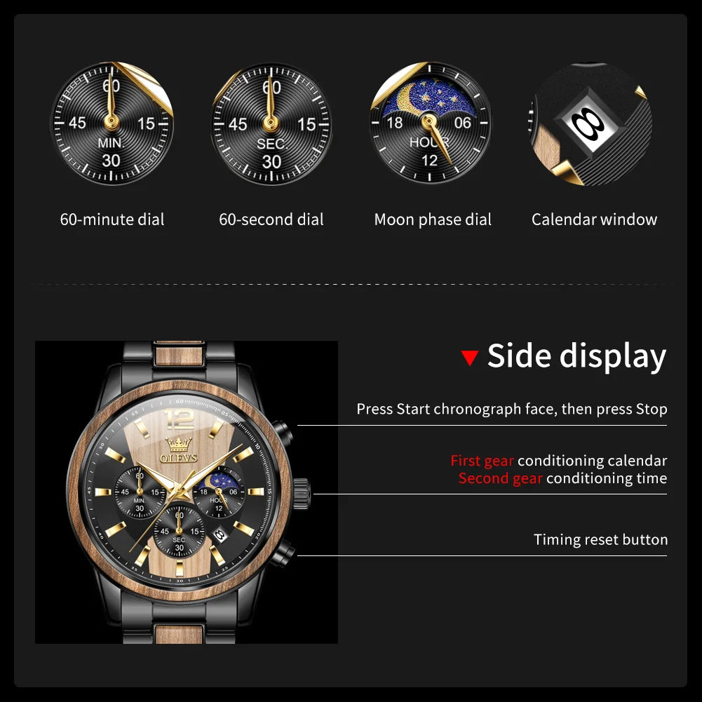 OLEVS Men's Watches Luxury Original Wooden Quartz Wristwatch Waterproof Luminous Date Watch for Man Reloj Hombre