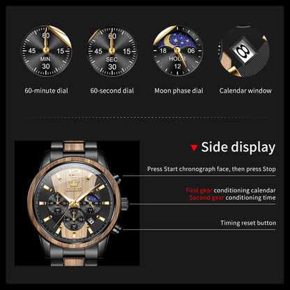 OLEVS Men's Watches Luxury Original Wooden Quartz Wristwatch Waterproof Luminous Date Watch for Man Reloj Hombre
