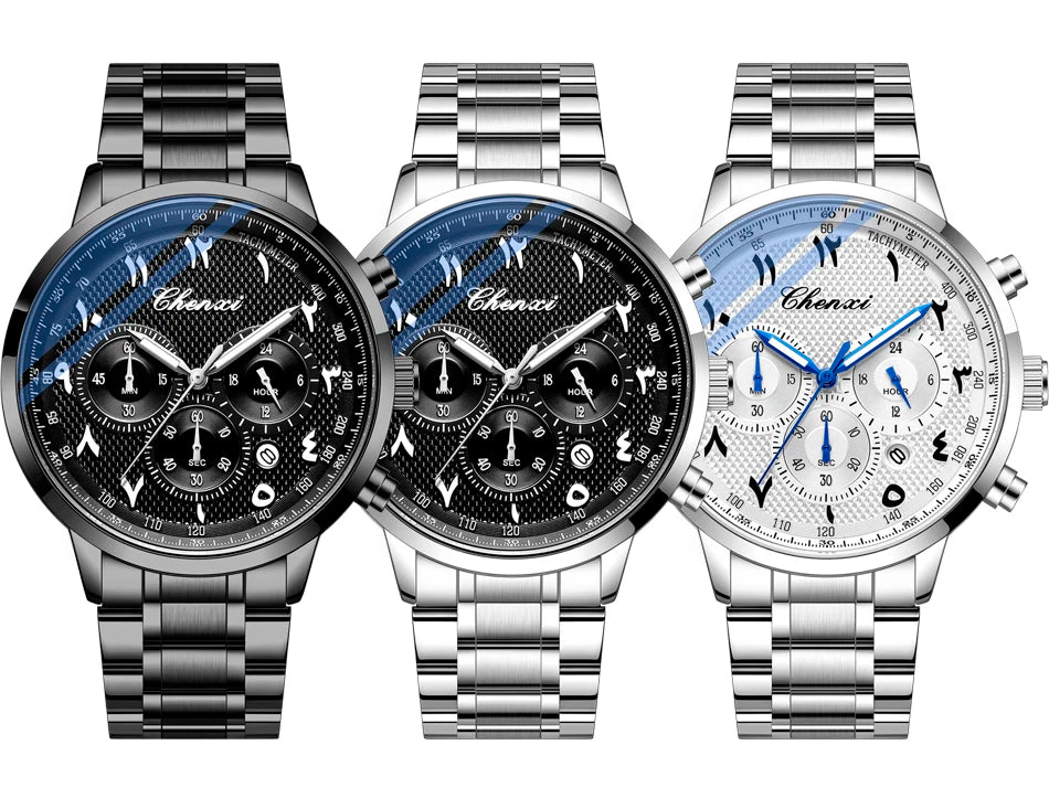 CHENXI Arabic Numeral Multifunction Men's Quartz Watch Real Three-Eye Six-Needle Calendar Chronograph Stainless Steel Male watch