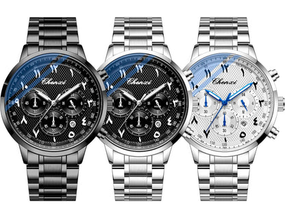 CHENXI Arabic Numeral Multifunction Men's Quartz Watch Real Three-Eye Six-Needle Calendar Chronograph Stainless Steel Male watch