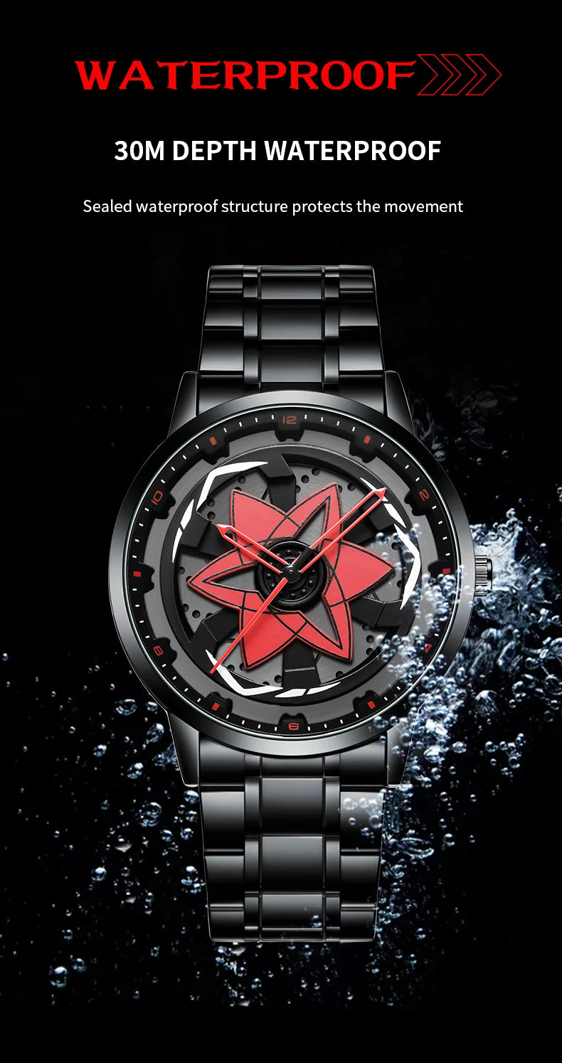 New Watch Car Series Creative Rotating Quartz Movement Sports Style Black Stainless Steel Clock Men Couple Gift Wrist Watch