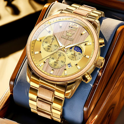 OLEVS Men's Watches Luxury Original Wooden Quartz Wristwatch Waterproof Luminous Date Watch for Man Reloj Hombre
