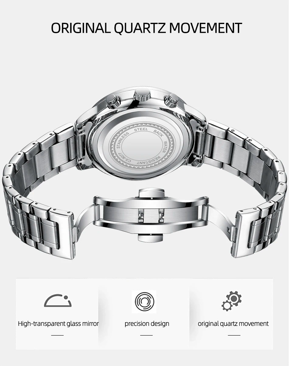 CHENXI Arabic Numeral Multifunction Men's Quartz Watch Real Three-Eye Six-Needle Calendar Chronograph Stainless Steel Male watch