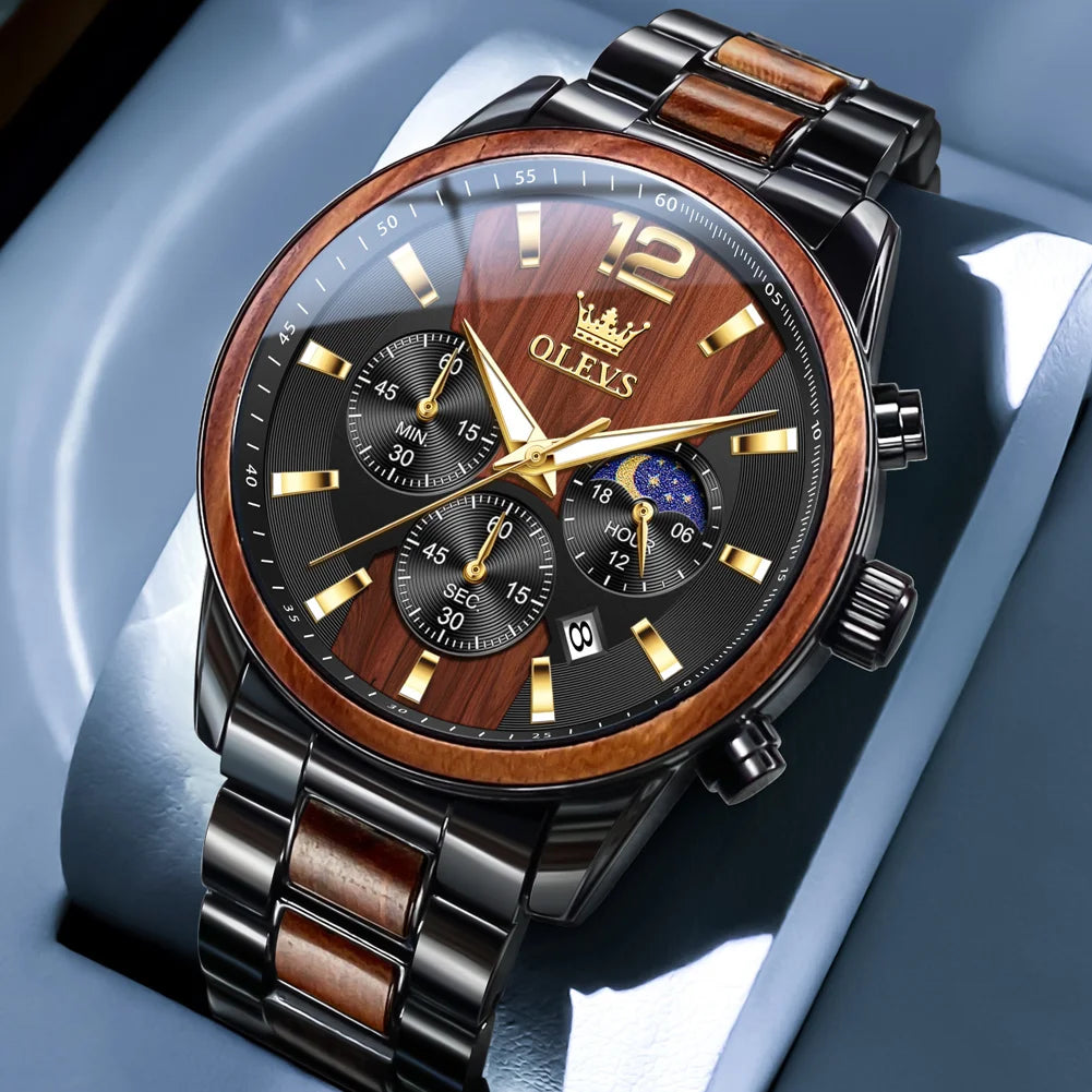 OLEVS Men's Watches Luxury Original Wooden Quartz Wristwatch Waterproof Luminous Date Watch for Man Reloj Hombre