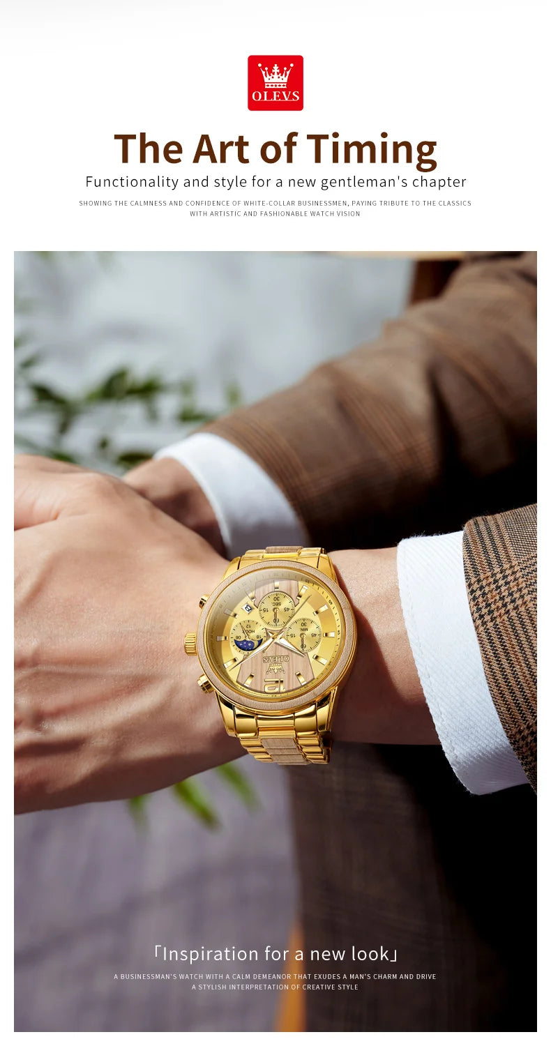 OLEVS Men's Watches Luxury Original Wooden Quartz Wristwatch Waterproof Luminous Date Watch for Man Reloj Hombre