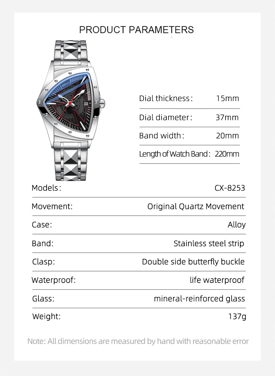 CHENXI Business Man Watch Unique Triangular Dial Luxury Luminous Quartz Waterproof Men's Watches Stainless Steel Strap