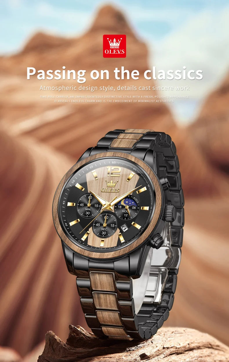 OLEVS Men's Watches Luxury Original Wooden Quartz Wristwatch Waterproof Luminous Date Watch for Man Reloj Hombre