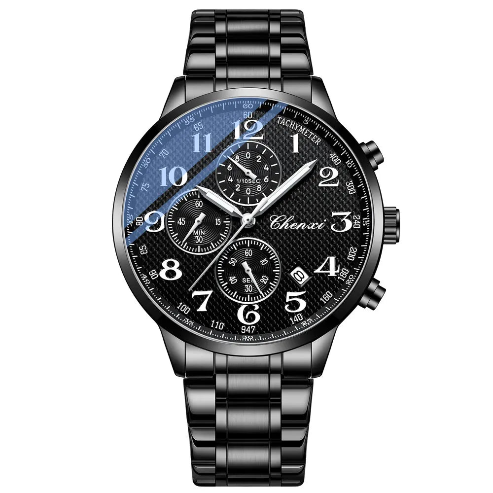 CHENXI Arabic Numeral Multifunction Men's Quartz Watch Real Three-Eye Six-Needle Calendar Chronograph Stainless Steel Male watch