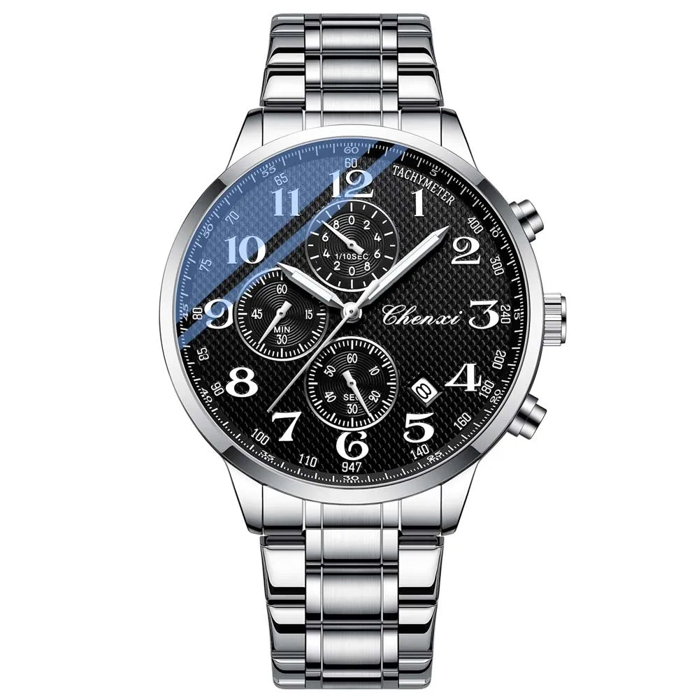 CHENXI Arabic Numeral Multifunction Men's Quartz Watch Real Three-Eye Six-Needle Calendar Chronograph Stainless Steel Male watch