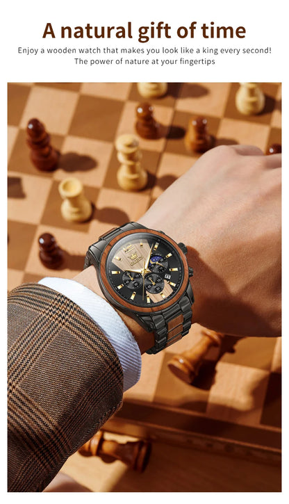 OLEVS Men's Watches Luxury Original Wooden Quartz Wristwatch Waterproof Luminous Date Watch for Man Reloj Hombre