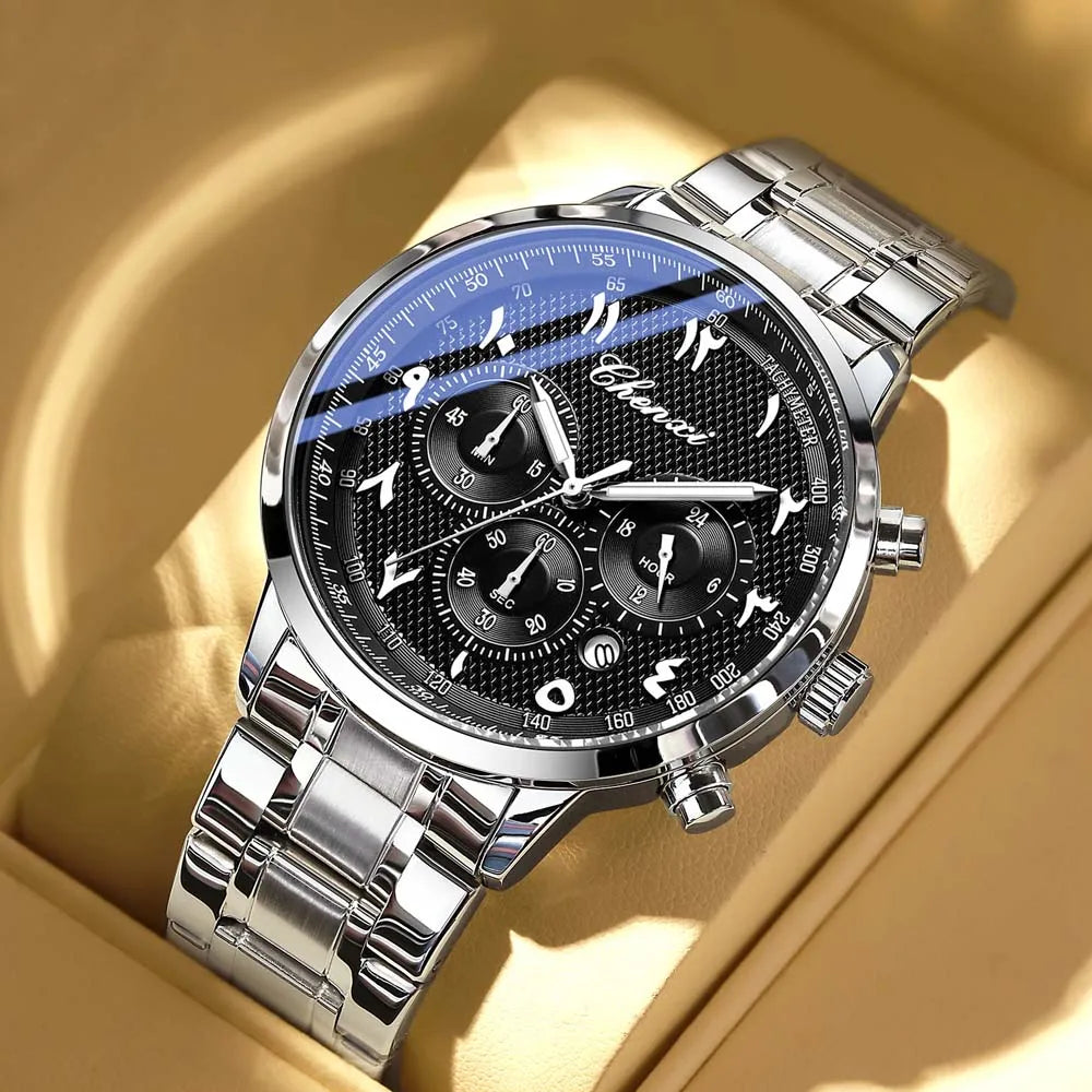 CHENXI Arabic Numeral Multifunction Men's Quartz Watch Real Three-Eye Six-Needle Calendar Chronograph Stainless Steel Male watch