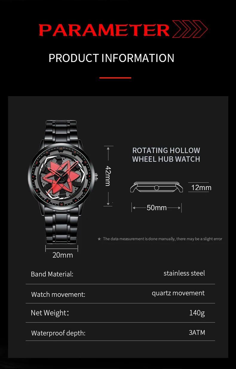 New Watch Car Series Creative Rotating Quartz Movement Sports Style Black Stainless Steel Clock Men Couple Gift Wrist Watch