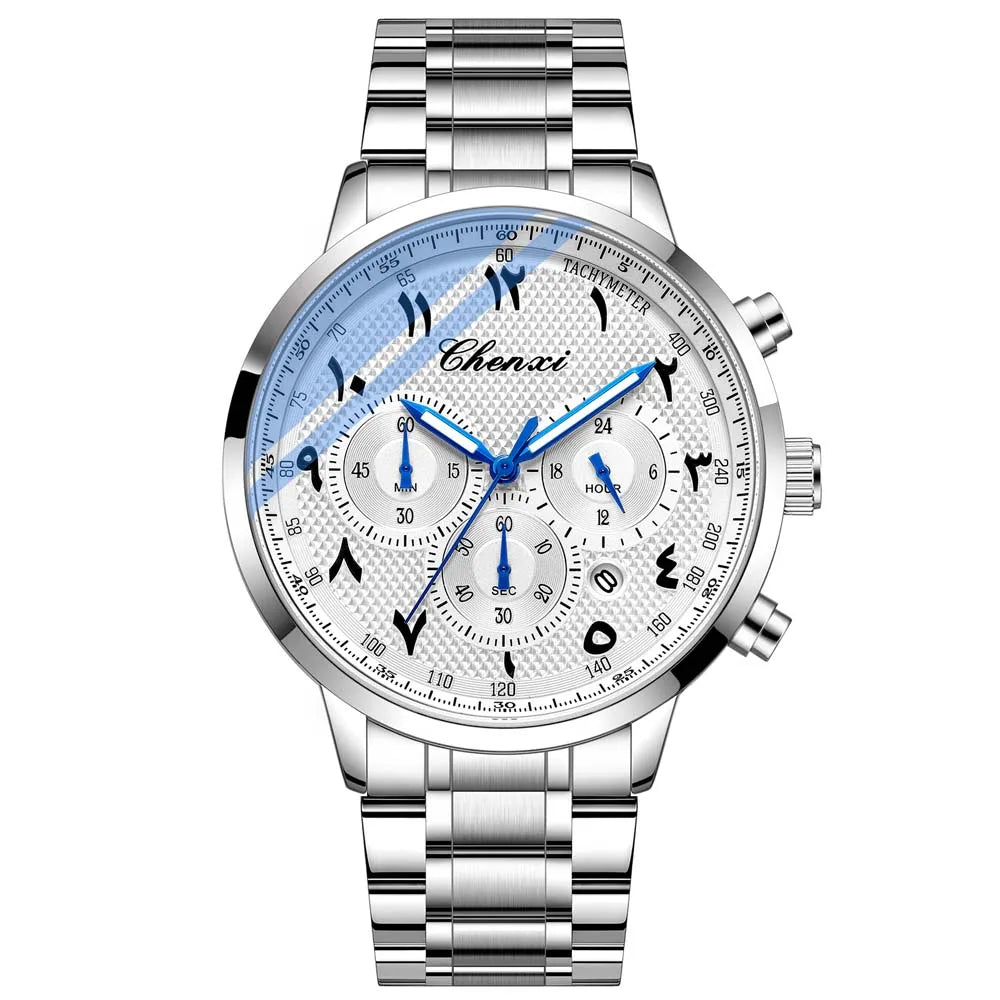 CHENXI Arabic Numeral Multifunction Men's Quartz Watch Real Three-Eye Six-Needle Calendar Chronograph Stainless Steel Male watch