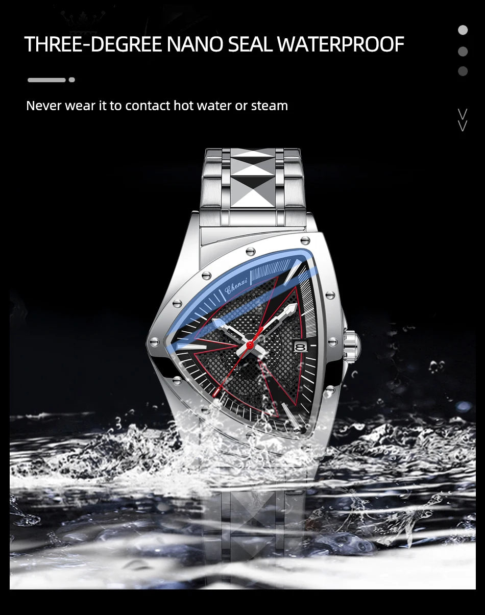 CHENXI Business Man Watch Unique Triangular Dial Luxury Luminous Quartz Waterproof Men's Watches Stainless Steel Strap