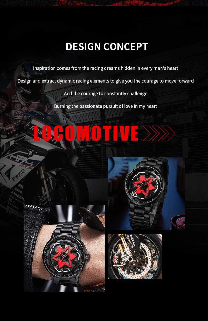 New Watch Car Series Creative Rotating Quartz Movement Sports Style Black Stainless Steel Clock Men Couple Gift Wrist Watch