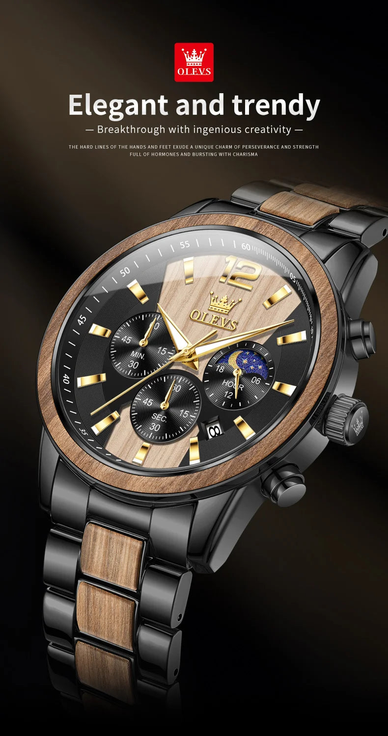 OLEVS Men's Watches Luxury Original Wooden Quartz Wristwatch Waterproof Luminous Date Watch for Man Reloj Hombre