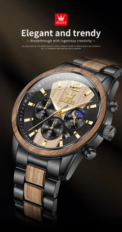 OLEVS Men's Watches Luxury Original Wooden Quartz Wristwatch Waterproof Luminous Date Watch for Man Reloj Hombre