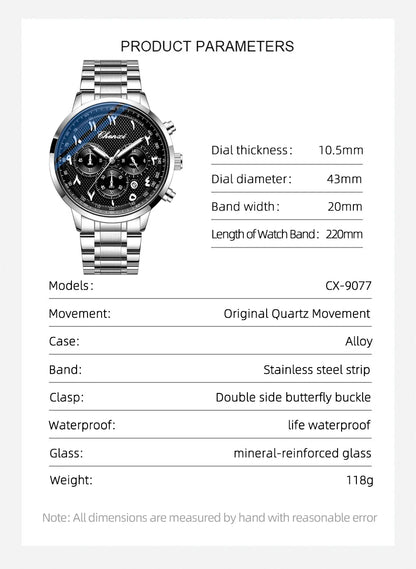 CHENXI Arabic Numeral Multifunction Men's Quartz Watch Real Three-Eye Six-Needle Calendar Chronograph Stainless Steel Male watch
