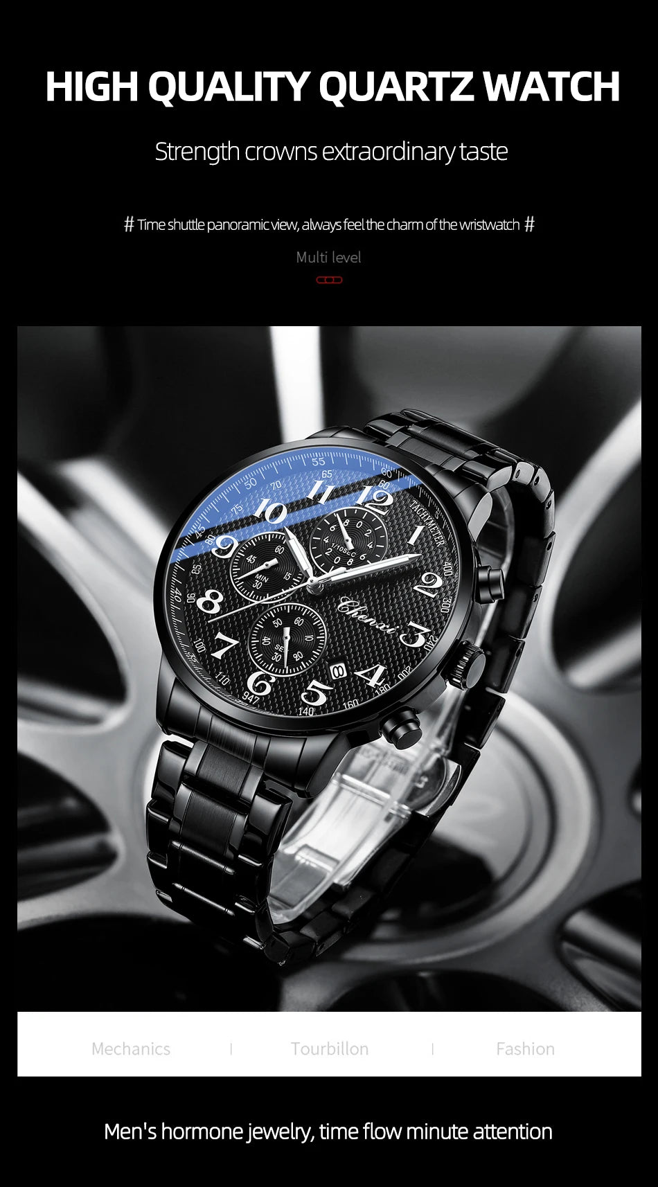 CHENXI Arabic Numeral Multifunction Men's Quartz Watch Real Three-Eye Six-Needle Calendar Chronograph Stainless Steel Male watch