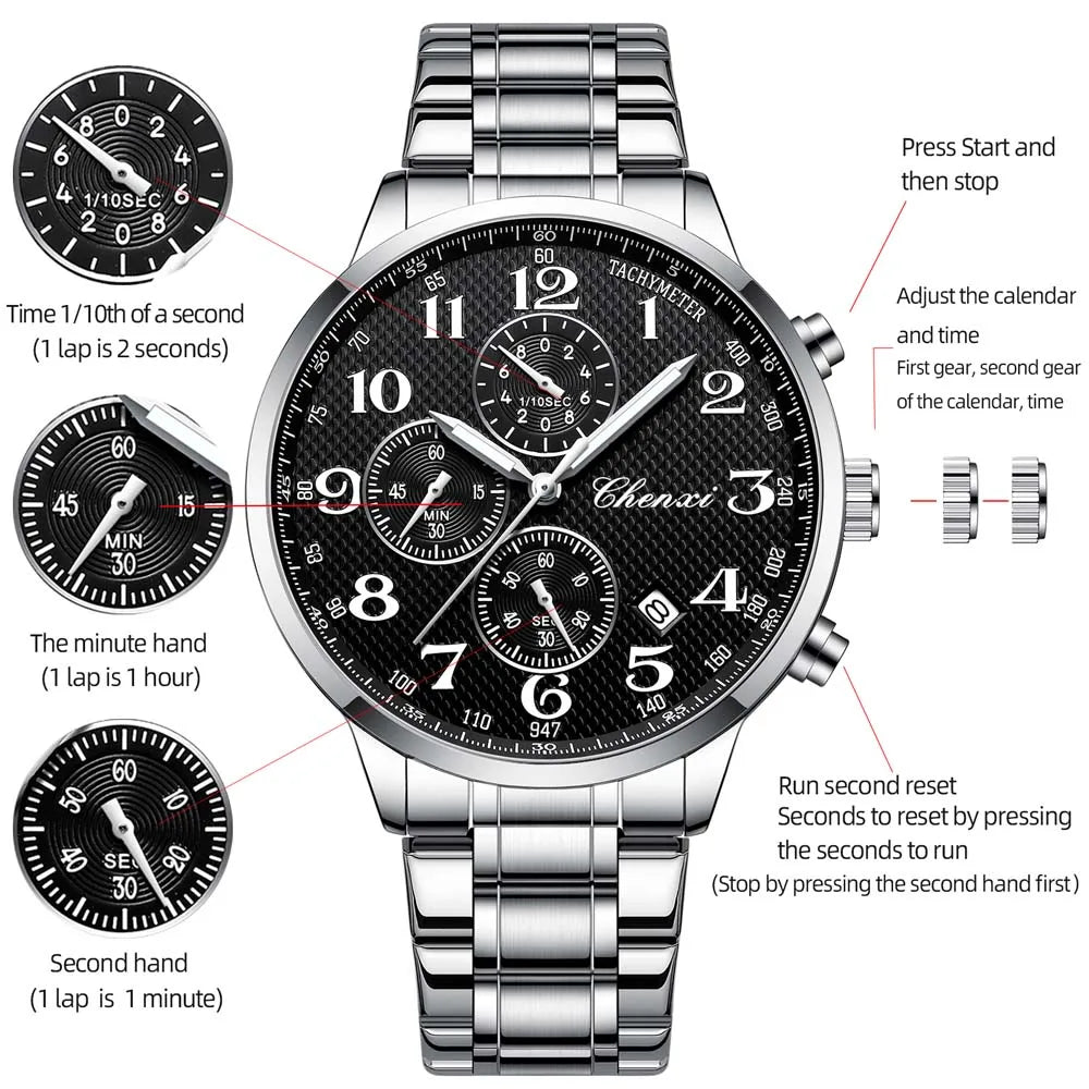 CHENXI Arabic Numeral Multifunction Men's Quartz Watch Real Three-Eye Six-Needle Calendar Chronograph Stainless Steel Male watch