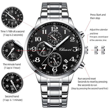 CHENXI Arabic Numeral Multifunction Men's Quartz Watch Real Three-Eye Six-Needle Calendar Chronograph Stainless Steel Male watch