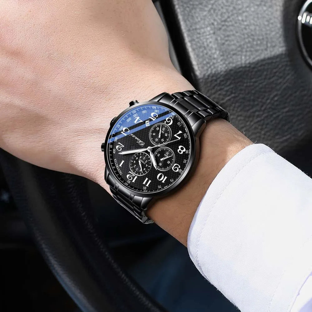 CHENXI Arabic Numeral Multifunction Men's Quartz Watch Real Three-Eye Six-Needle Calendar Chronograph Stainless Steel Male watch