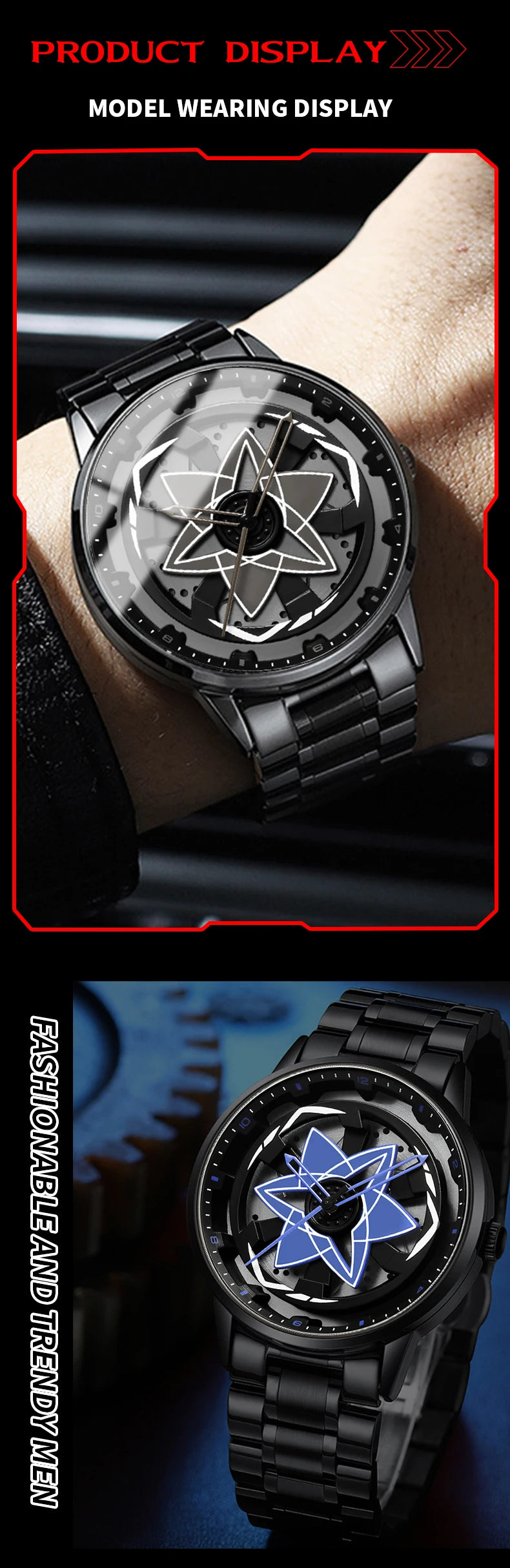 New Watch Car Series Creative Rotating Quartz Movement Sports Style Black Stainless Steel Clock Men Couple Gift Wrist Watch