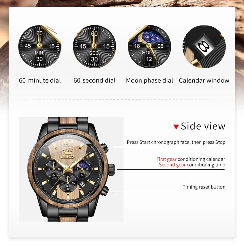 OLEVS Men's Watches Luxury Original Wooden Quartz Wristwatch Waterproof Luminous Date Watch for Man Reloj Hombre