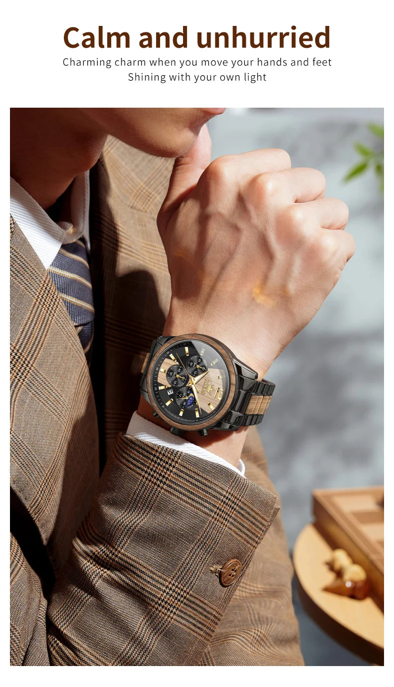 OLEVS Men's Watches Luxury Original Wooden Quartz Wristwatch Waterproof Luminous Date Watch for Man Reloj Hombre