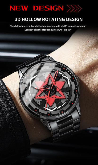New Watch Car Series Creative Rotating Quartz Movement Sports Style Black Stainless Steel Clock Men Couple Gift Wrist Watch
