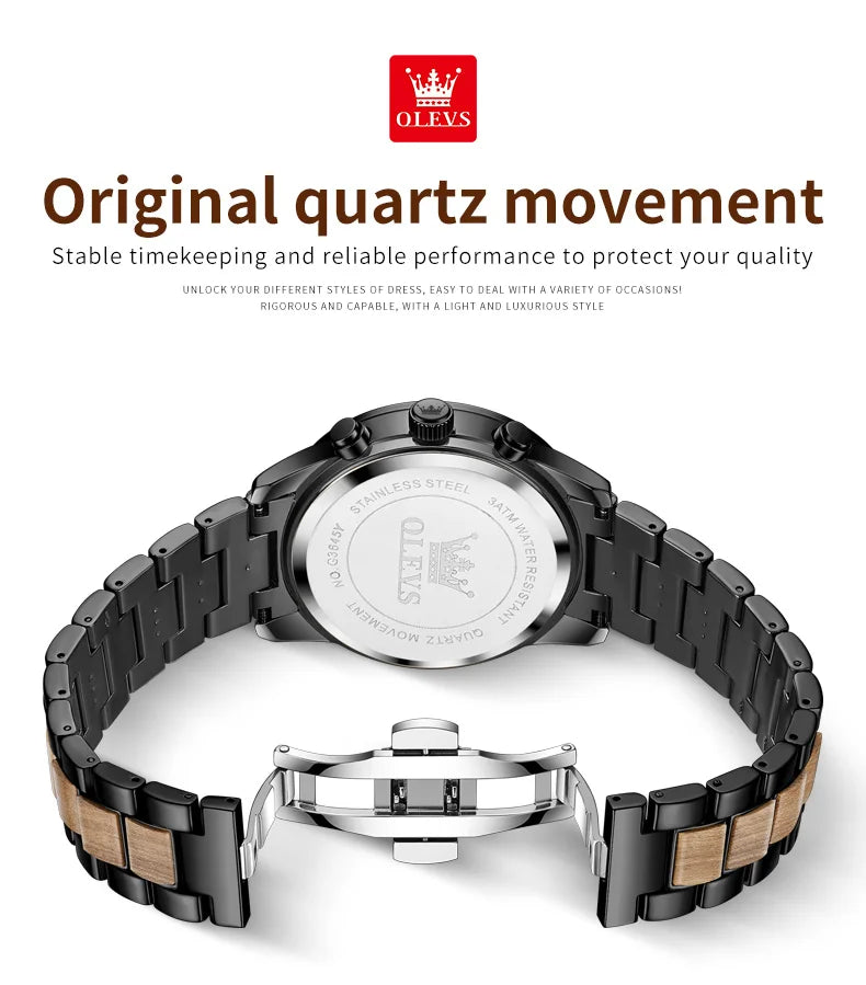 OLEVS Men's Watches Luxury Original Wooden Quartz Wristwatch Waterproof Luminous Date Watch for Man Reloj Hombre