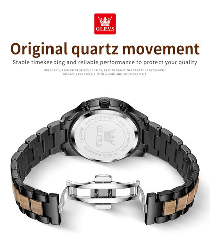 OLEVS Men's Watches Luxury Original Wooden Quartz Wristwatch Waterproof Luminous Date Watch for Man Reloj Hombre