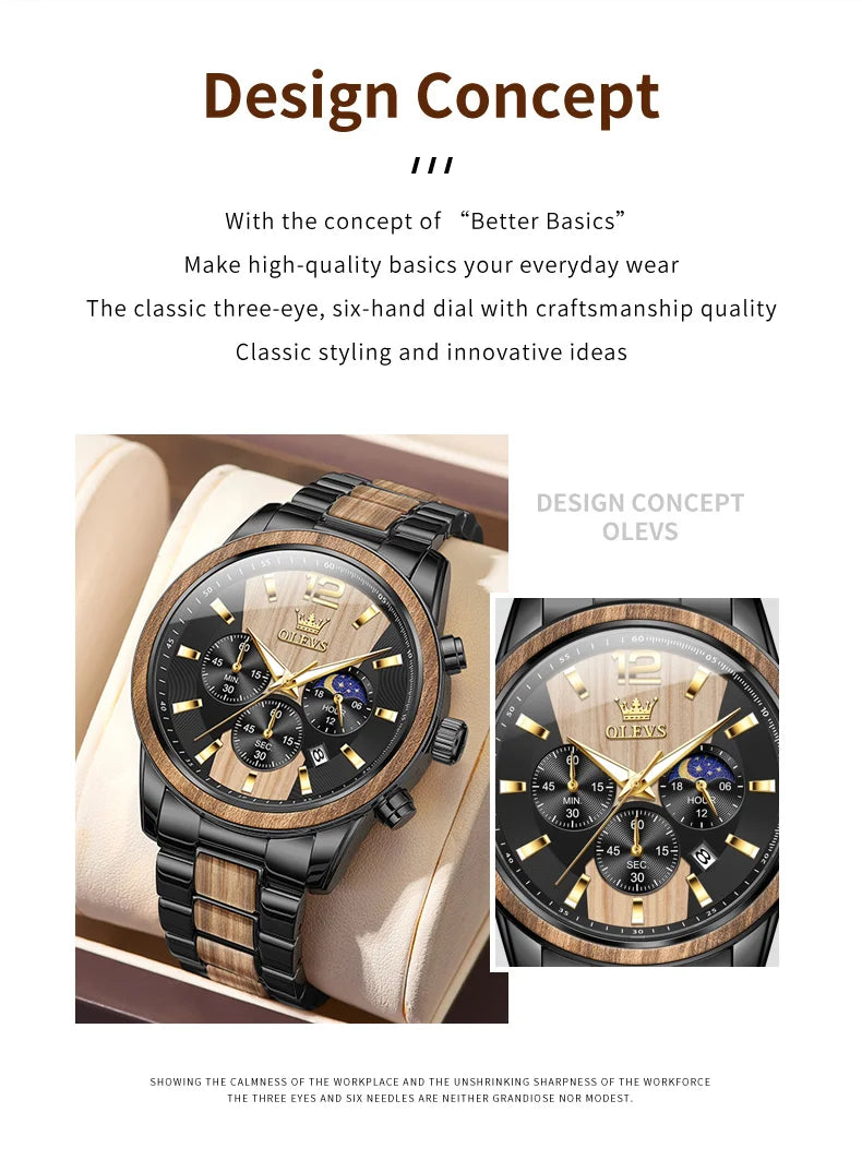 OLEVS Men's Watches Luxury Original Wooden Quartz Wristwatch Waterproof Luminous Date Watch for Man Reloj Hombre