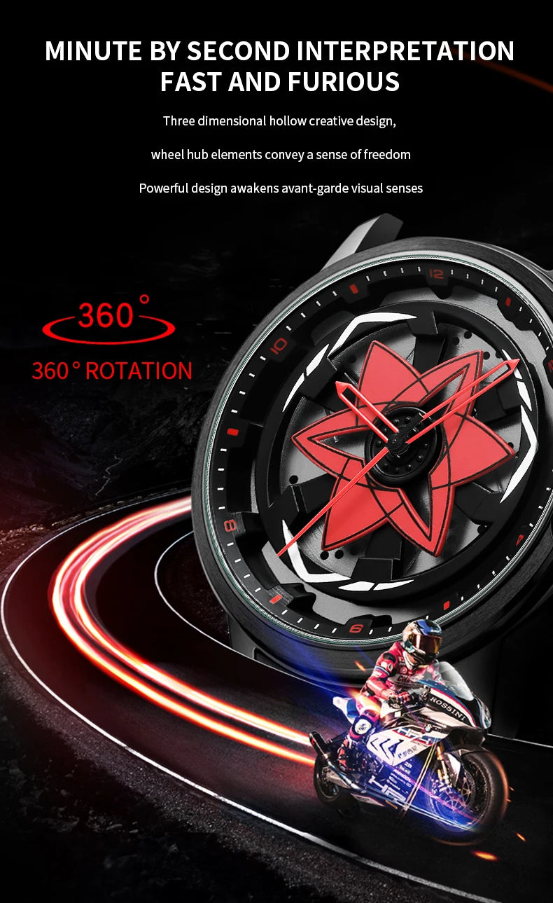New Watch Car Series Creative Rotating Quartz Movement Sports Style Black Stainless Steel Clock Men Couple Gift Wrist Watch
