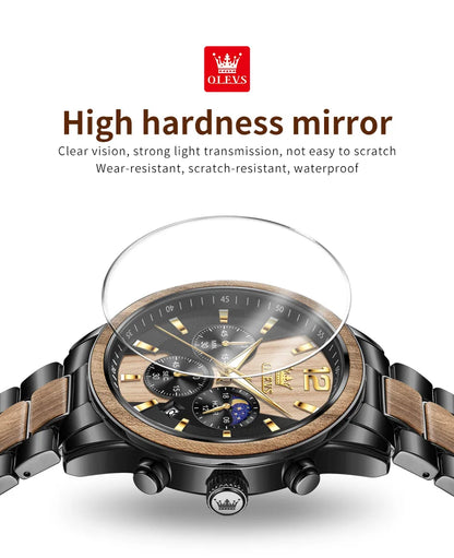 OLEVS Men's Watches Luxury Original Wooden Quartz Wristwatch Waterproof Luminous Date Watch for Man Reloj Hombre