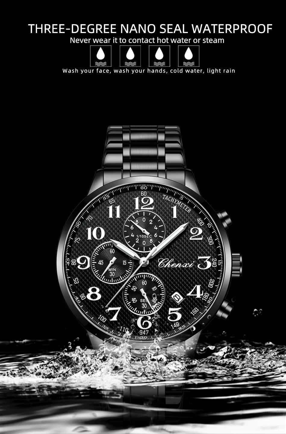 CHENXI Arabic Numeral Multifunction Men's Quartz Watch Real Three-Eye Six-Needle Calendar Chronograph Stainless Steel Male watch