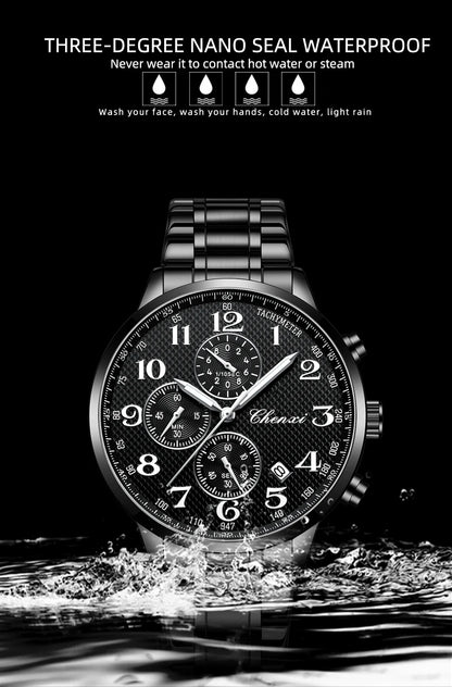 CHENXI Arabic Numeral Multifunction Men's Quartz Watch Real Three-Eye Six-Needle Calendar Chronograph Stainless Steel Male watch
